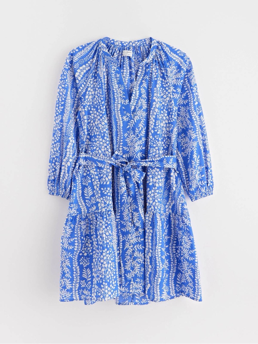 Blue Floral Midi Dress with Tie Belt